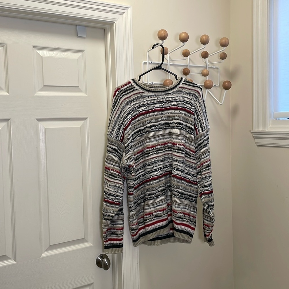 Janzen - Coogi Style 3d Cable Knit Sweater - White / Black / Red - L